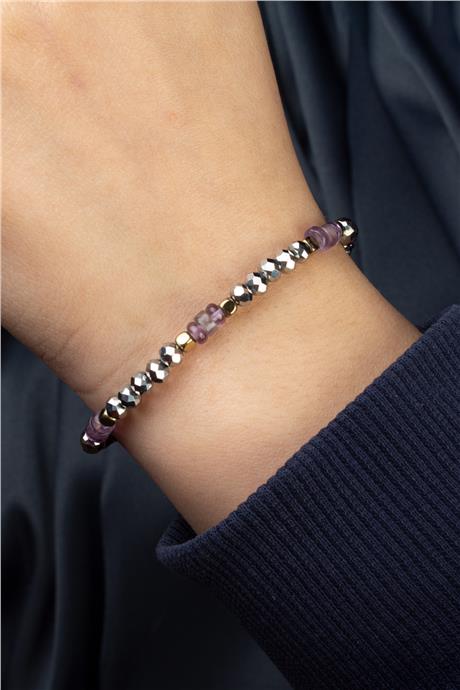 Ametist - Hematit Doğal Taş Küre Kristal Kesim Zincir Kapamalı Bileklik