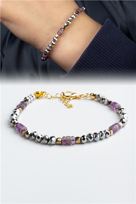 Ametist - Hematit Doğal Taş Küre Kristal Kesim Zincir Kapamalı Bileklik