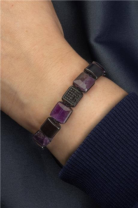 Ametist Doğal Taş Kanallı Kare Kesim Zirkonlu 10x10mm Makrome Bileklik