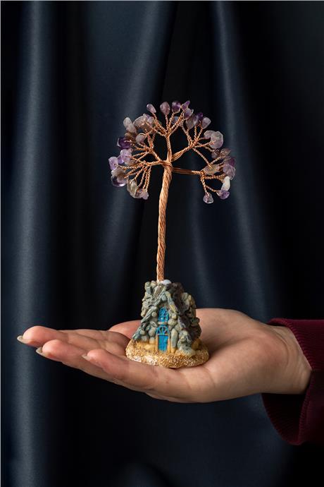 Ametist Taşı El Yapımı 5x12cm Doğal Taş Dekoratif Hayat Ağacı