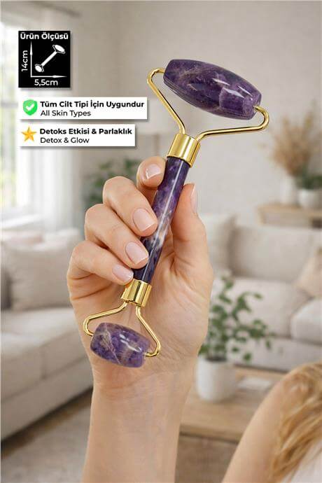 Ametist Taşı Face Roller Taşı Yüz Masaj Aleti - Altın Sap