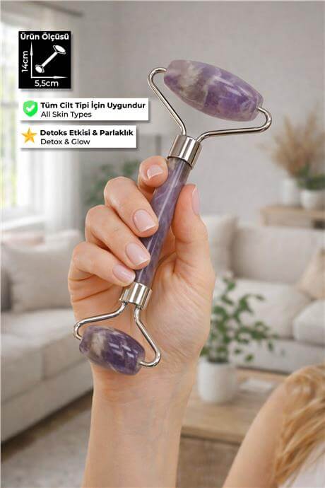 Ametist Taşı Face Roller Taşı Yüz Masaj Aleti - Gümüş Sap