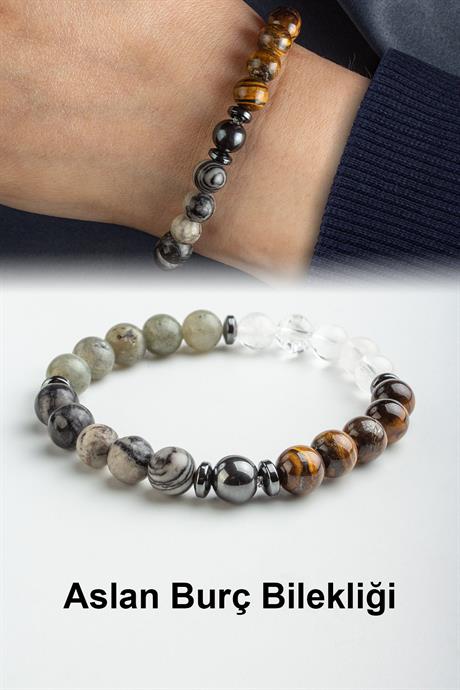 Aslan Burç Bilekliği Kaplan Gözü-Jasper-Kristal Kuvars-Labradorit Doğal Taş 8mm Bileklik