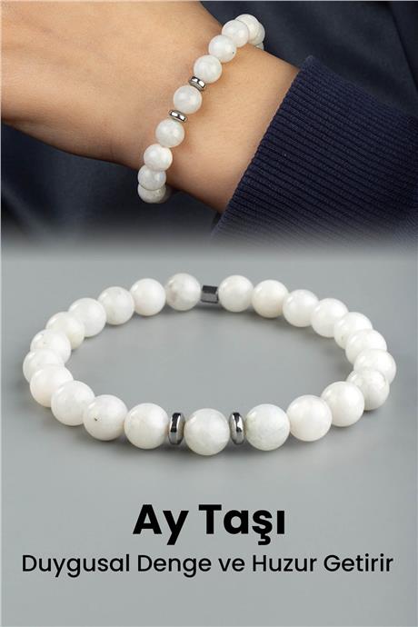 Ay Taşı Doğal Taş Parlak Beyaz Küre Kesim 8mm Bileklik