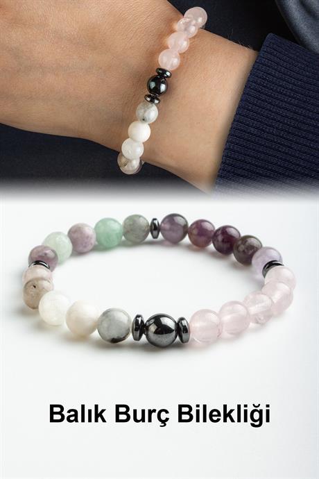 Balık Burç Bilekliği Ametist-Aytaşı-Pembe Kuvars-Florit Doğal Taş 8mm Bileklik
