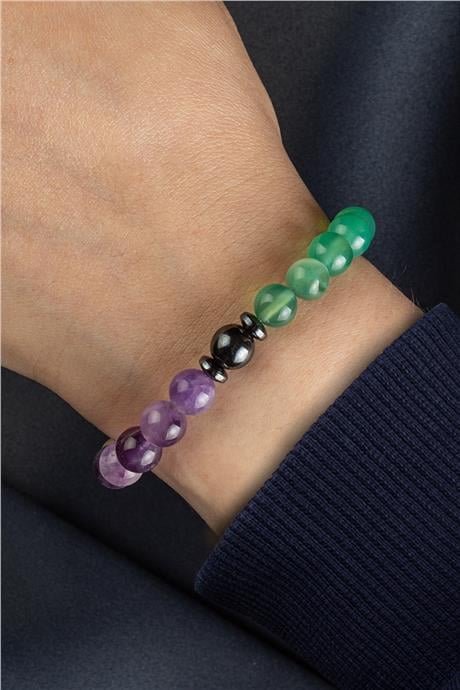 Başak Burç Bilekliği Amazonit-Yeşil Akik-Ametist-Obsidyen Doğal Taş 8mm Bileklik
