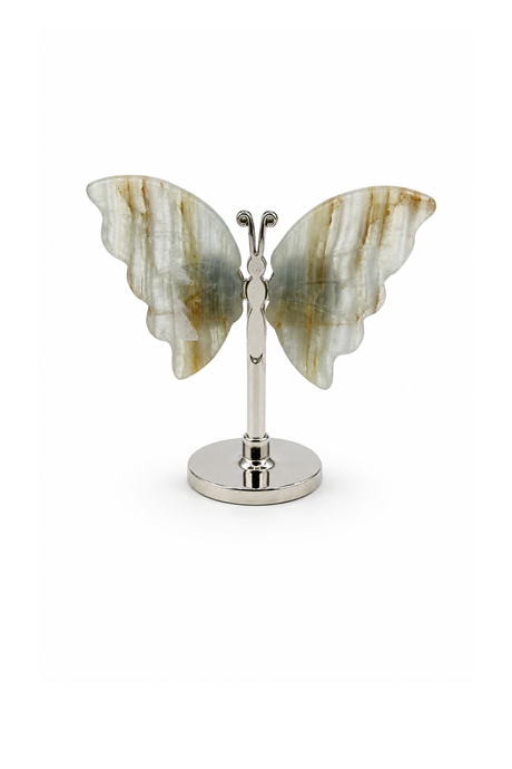 White Agate Stone With Stand Butterfly Motif Home Decoration Object