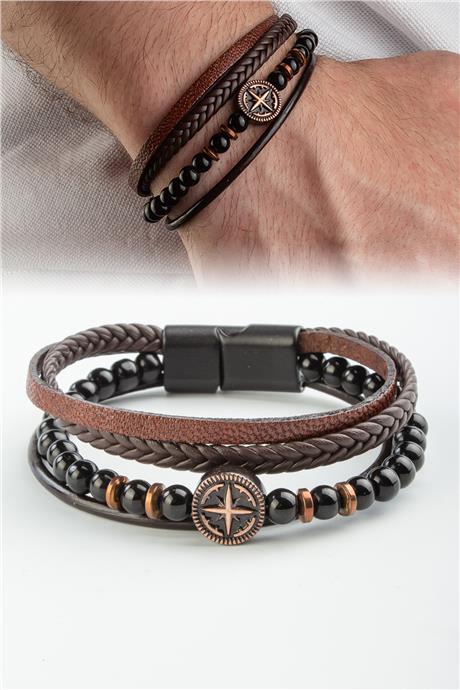 Cam Dizme Pusula Figürlü Dörtlü Deri Erkeke Bileklik