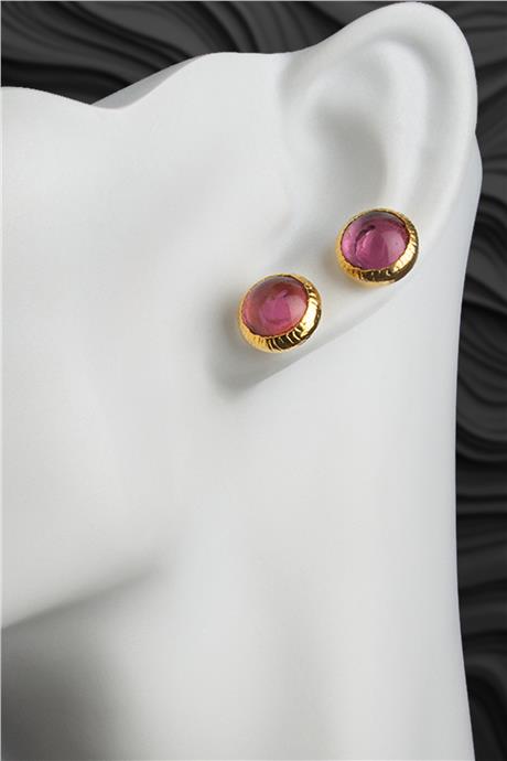 Cam Doğal Taş Pembe 10 mm Drop Altın Kaplama Küpe