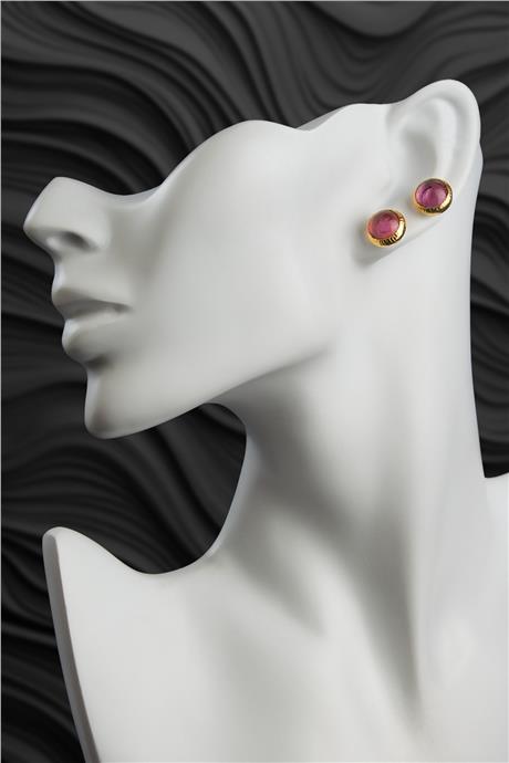 Cam Doğal Taş Pembe 10 mm Drop Altın Kaplama Küpe