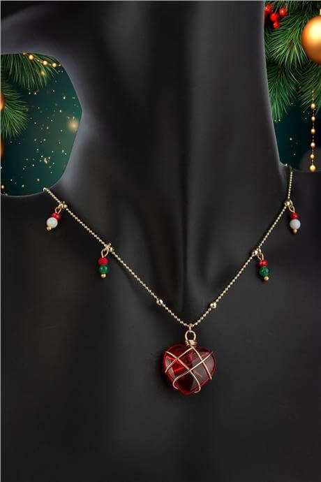 Cam Kırmızı Kalp Motifli Yılbaşı Kolyesi