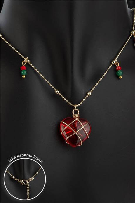 Cam Kırmızı Kalp Motifli Yılbaşı Kolyesi