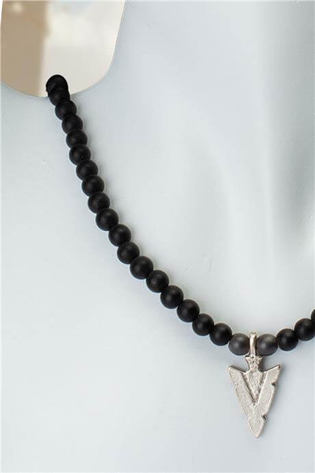 Mat Oniks Doğal Taş Küre Kesim Ok Ucu Figürlü Erkek Kolye