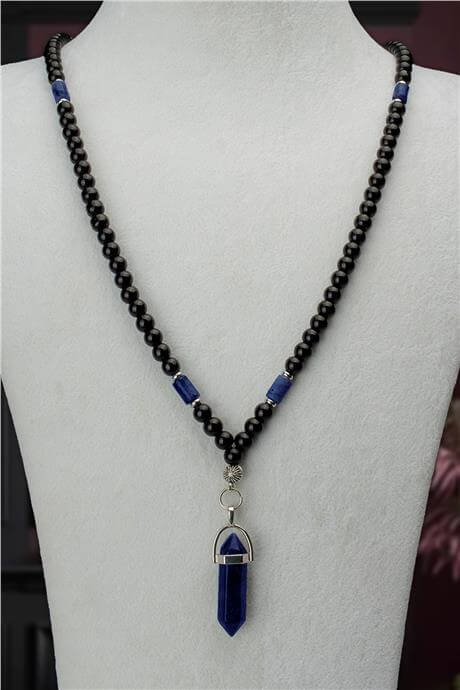 Cam Oniks-Lapis Lazuli Ve Akik Doğal Taş 6mm Küre Kesim Pointer Uçlu Erkek Kolyesi 70cm
