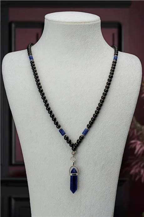 Cam Oniks-Lapis Lazuli Ve Akik Doğal Taş 6mm Küre Kesim Pointer Uçlu Erkek Kolyesi 70cm