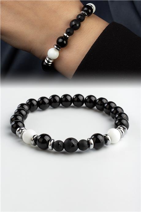 Siyah Beyaz Cam Top Oniks Doğal Taş Taraftar Bilekliği