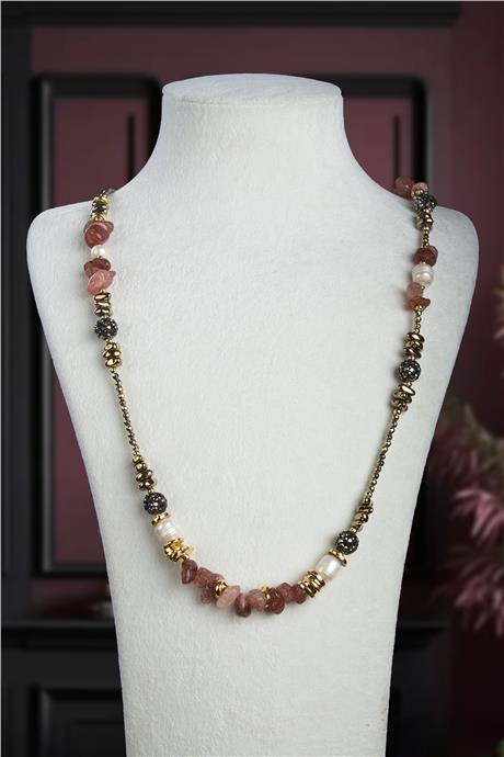 Çilek Kuvars-İnci ve Hematit Doğal Kırık Taş Uzun Çelik Kolye