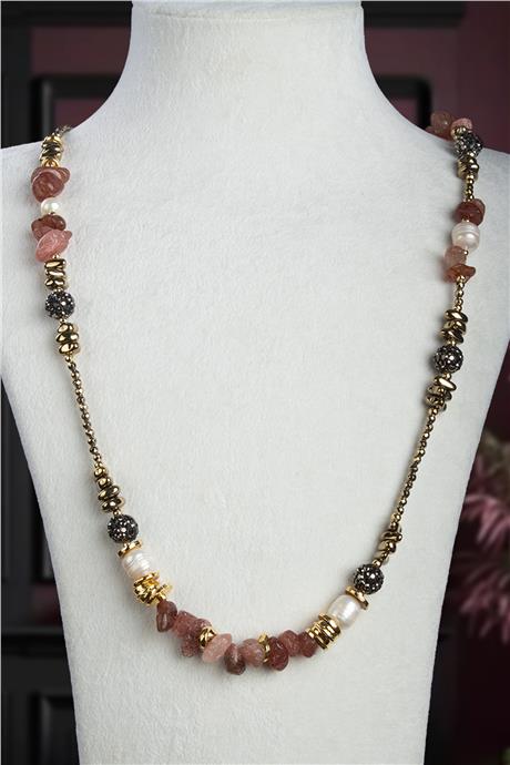 Çilek Kuvars-İnci ve Hematit Doğal Kırık Taş Uzun Çelik Kolye