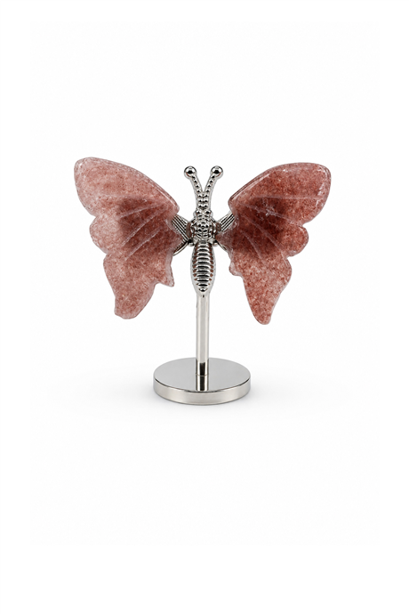 Strawberry Quartz Stone With Stand Butterfly Motif Home Decoration Object