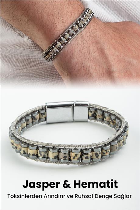 Dalmaçyalı Jasper Doğal Taş Çelik Tel Örmeli Erkek Bilekliği