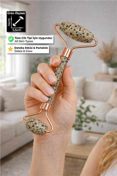 Dalmaçyalı Jasper Taşı Face Roller Doğal Taş Yüz Masaj Aleti - Roz Sap