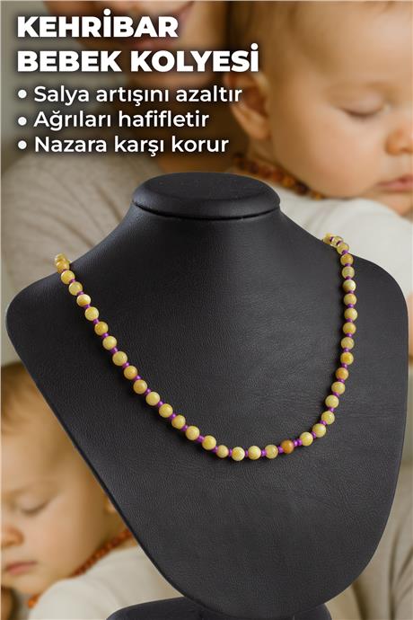Damla Kehribar Küre Kesim Mor Boncuklu Bebek Kolyesi 3,9-6,6gr