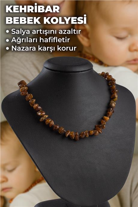Fosilli Damla Kehribar Cips Kesim Bebek Kolyesi