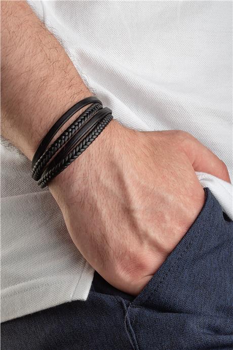 Deri Siyah Dörtlü Erkek Bilekliği