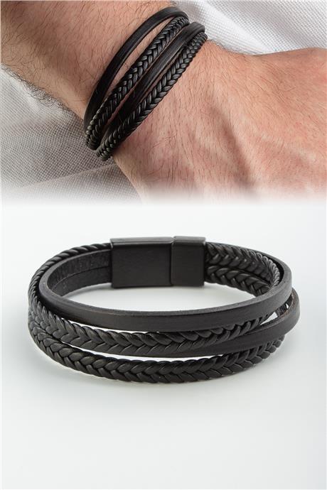 Deri Siyah Dörtlü Erkek Bilekliği