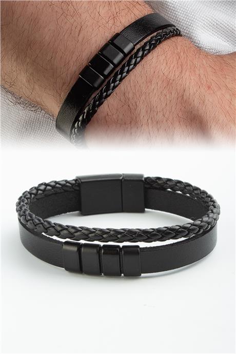 Deri Siyah İkili Erkek Bilekliği