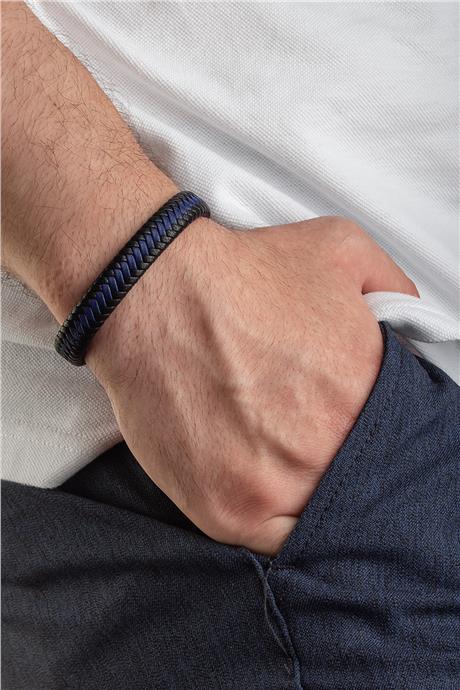 Deri Siyah-Mavi Örme 12mm Erkek Bilekliği
