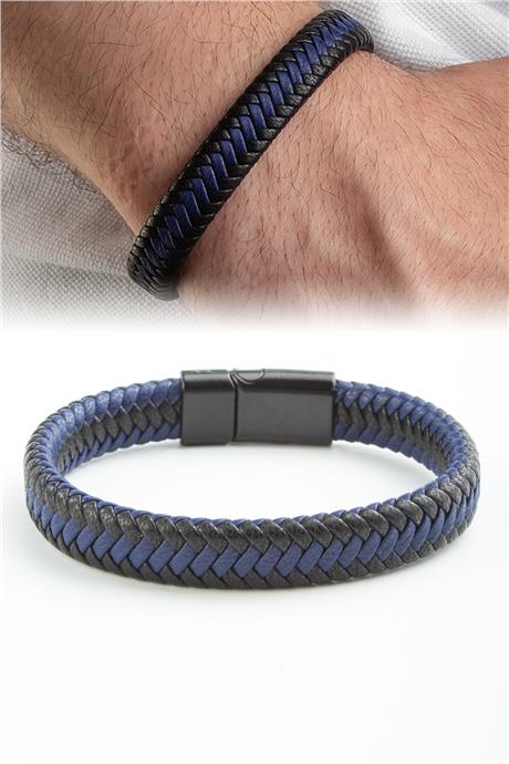 Deri Siyah-Mavi Örme 12mm Erkek Bilekliği