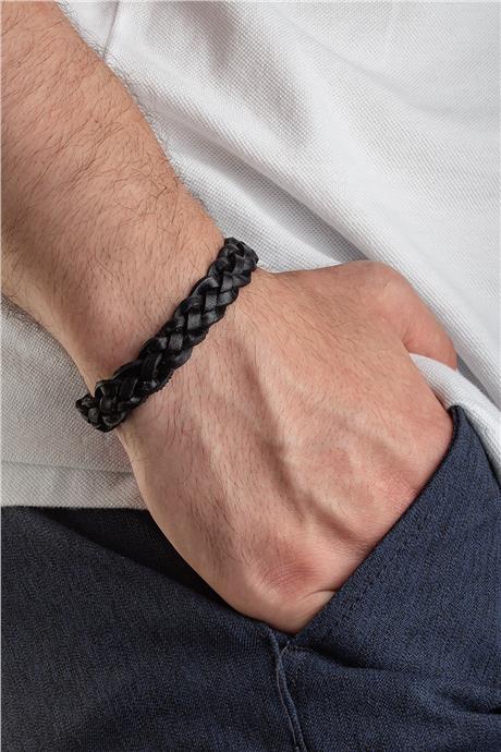 Deri Siyah Örme Erkek Bilekliği