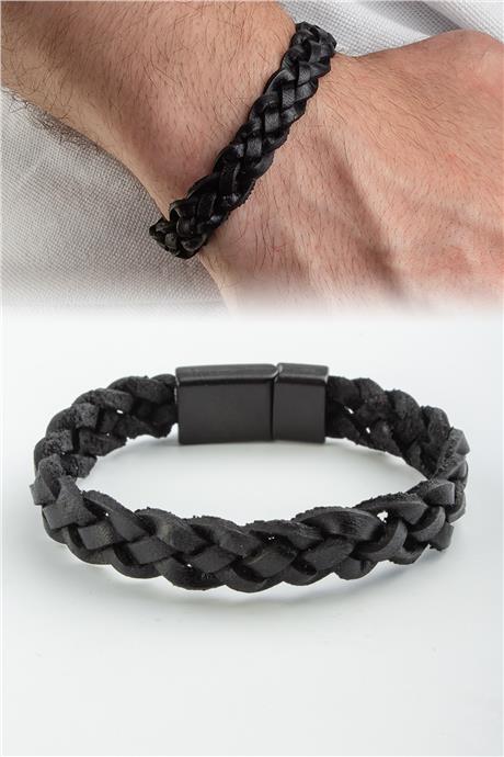 Deri Siyah Örme Erkek Bilekliği