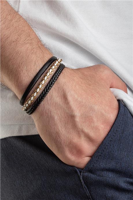 Deri Siyah-Sarı Üçlü Erkek Bilekliği