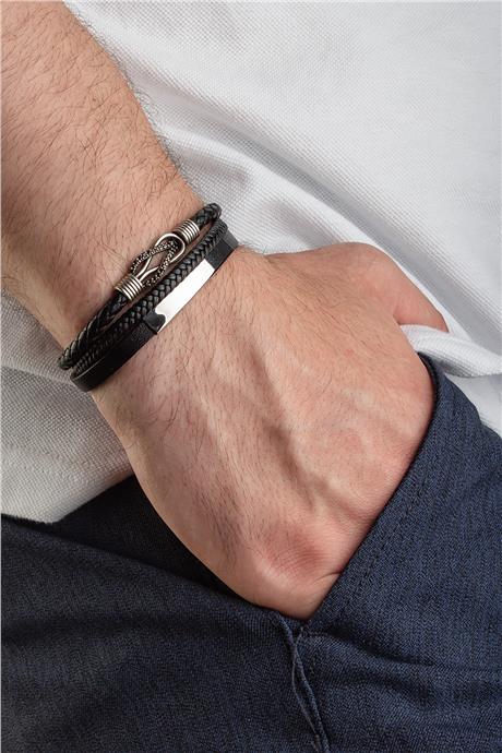 Deri Siyah Sonsuzluk Zirkon Üçlü Deri Erkek Bilekliği