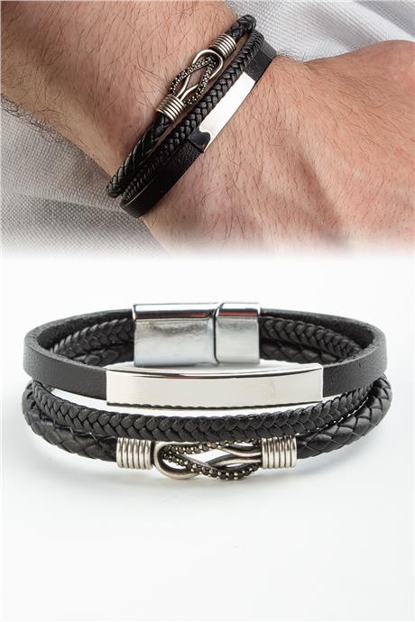 Deri Siyah Sonsuzluk Zirkon Üçlü Deri Erkek Bilekliği