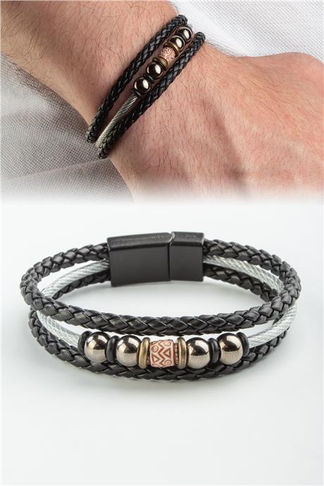 Deri Siyah Üçlü Erkek Bilekliği