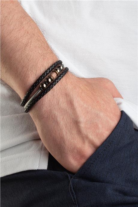 Deri Siyah Üçlü Erkek Bilekliği