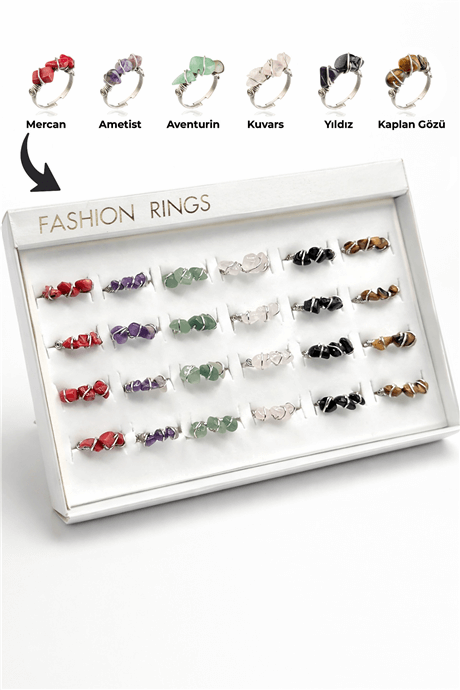 Doğal Kırık Taş Karışık Çelik 24 Adet Ayarlanabilir Yüzük