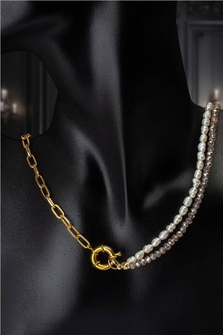 Doğal Taş Arpa İnci Kristalli Yarı Zincir Kolye