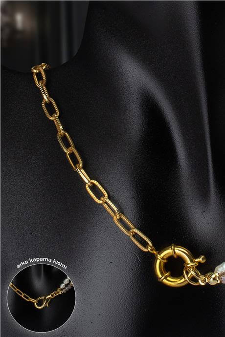 Doğal Taş Arpa İnci Kristalli Yarı Zincir Kolye