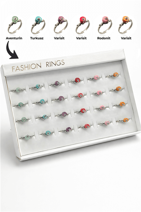 Doğal Taş Karışık Çelik Rondela Kesim 24 Adet Ayarlanabilir Yüzük