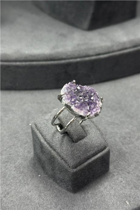 Druze Ametist Taşı Ham Kütle Kesim Çelik Ayarlanabilir Yüzük