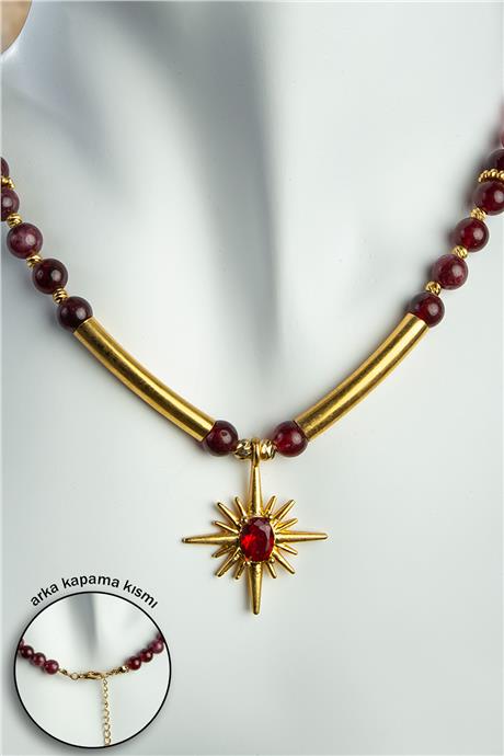 Garnet Doğal Taş Küre Kesim Kuzey Yıldızı Figürlü Zincir Kapamalı Kolye