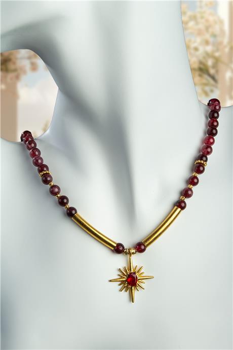 Garnet Doğal Taş Küre Kesim Kuzey Yıldızı Figürlü Zincir Kapamalı Kolye