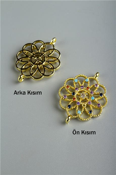 Gold Yuvarlak Çiçek Desen Karışık Renkli Zirkon Taşlı Bileklik Aparatı 20 mm