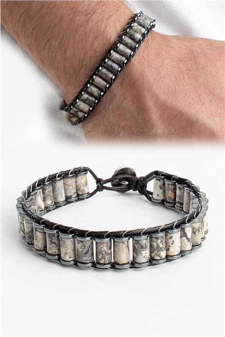 Gri Jespar Doğal Taş Örme Erkek Bilekliği 6x8mm