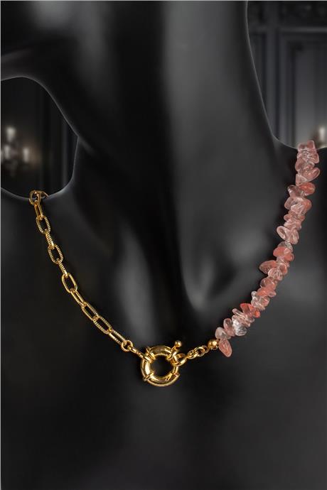 Gül Kuvars Doğal Kırık Taş Gemici Dümeni Kapamalı Kolye