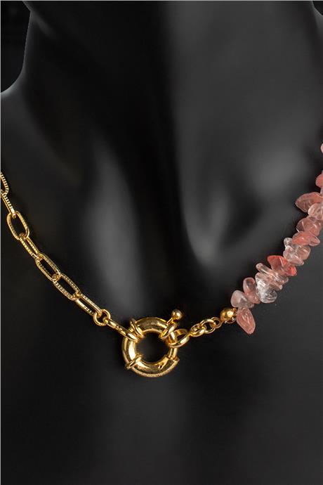 Gül Kuvars Doğal Kırık Taş Gemici Dümeni Kapamalı Kolye